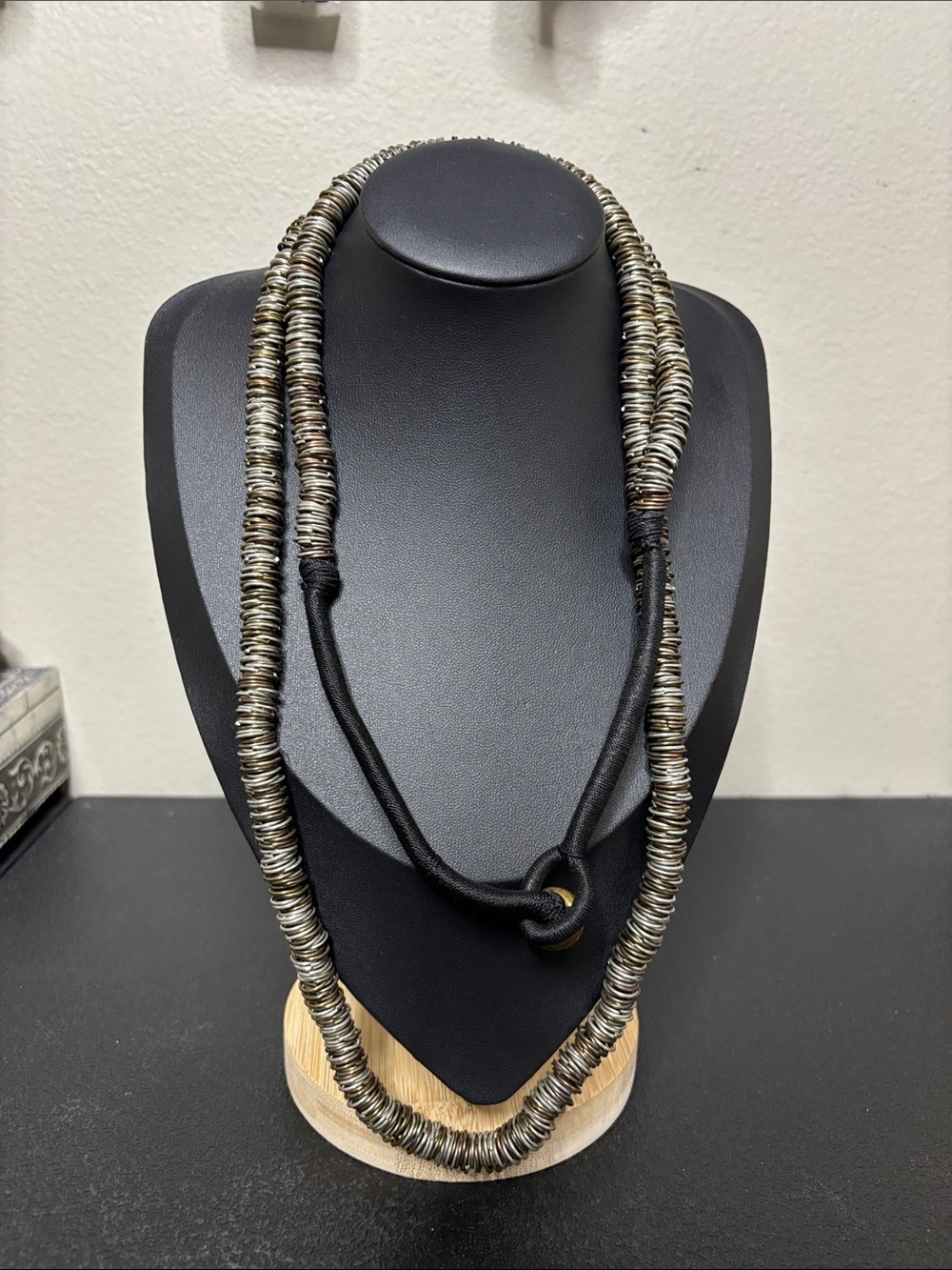 Handcrafted Long Brutalist Multi-Tone Disc Necklace in Silver and Black